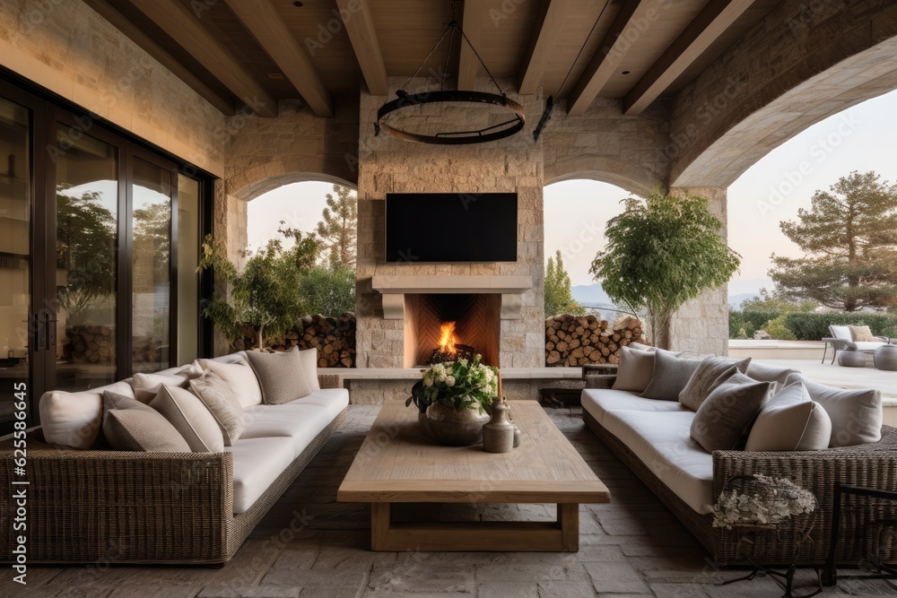 Fototapeta premium A high end outdoor lounge area characterized by a spacious stone fireplace, a television set, a carpet, and a comfortable beige couch, perfect for unwinding and enjoying the outdoors.