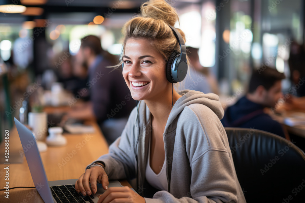 Attractive smiling young woman using laptop at a cafe. Generative AI. Attractive smiling young woman using laptop at a cafe. Generative AI.