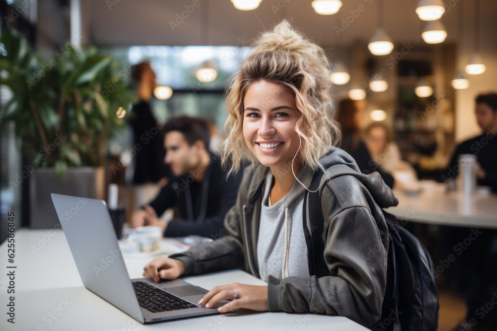 Attractive smiling young woman using laptop at a cafe. Generative AI. Attractive smiling young woman using laptop at a cafe. Generative AI.