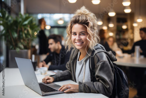 Attractive smiling young woman using laptop at a cafe. Generative AI.