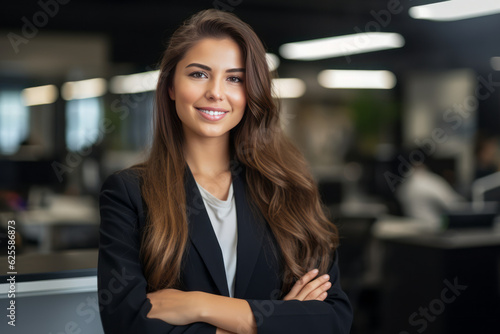 Happy female standing in office. Generative AI.