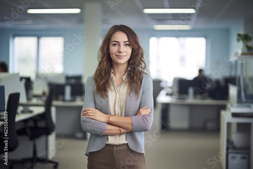 Free Download Happy female standing in office. Generative AI. - GFXLoad