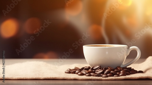 A cup of hot coffee with coffee beans on the table