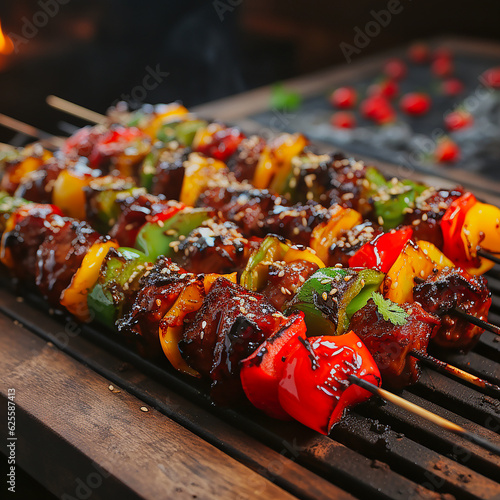 Colourful grilled skewers. AI generative.