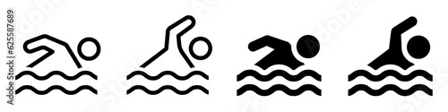 Swimmer sign icons set. Swimming on water with waves symbol collection. Swimming icon line and flat style - stock vector.
