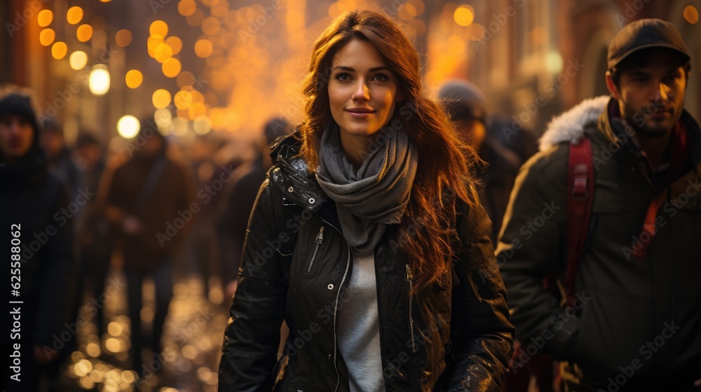 Smiling happy beautiful young woman walking on crowded city street. Smiling happy beautiful young woman walking on crowded city street.