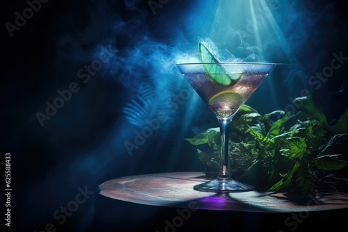 A mysterious blue Halloween cocktail in a martini glass with rays of Light from above and plants in the mist in the background.