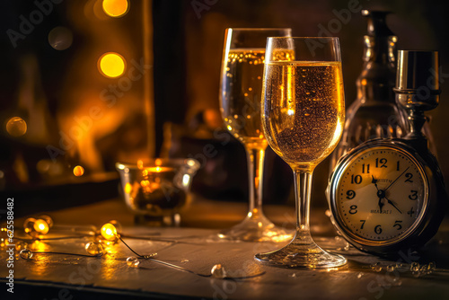 two glasses with champagne and clock on the table with Christmas decorations. new year eve concept, generative AI. © zamuruev