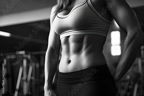 Close-up of the body of a muscular fitness girl in the gym in black and white.