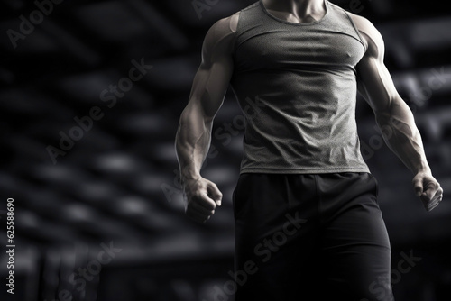 Muscular athletic man on a dark gym background.