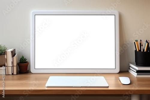 White stylish computer monitor on a table with a blank white screen to place advertising text.