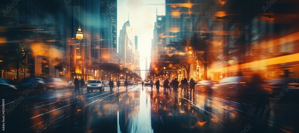People walking busy city defocused background. Motion blur effect. Generative AI technology.
