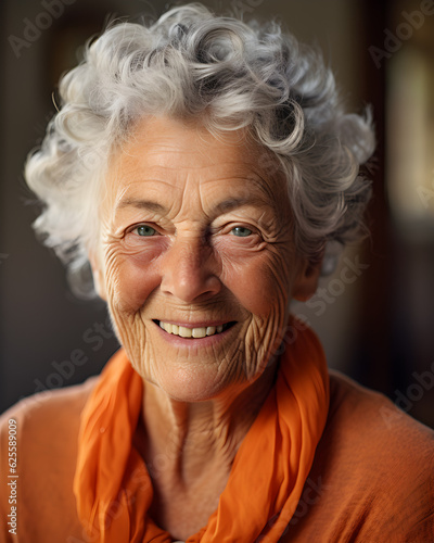 Close up Portrait of old woman with blue eyes smiling with beautiful lightning. AI