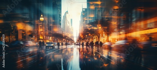 People walking busy city defocused background. Motion blur effect. Generative AI technology.
