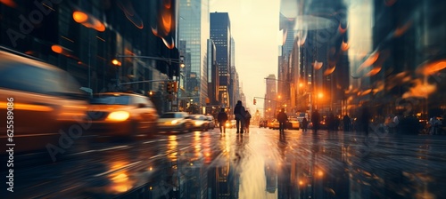 Busy city center defocused bokeh background. Motion blur effect. Generative AI technology. © Hero Design