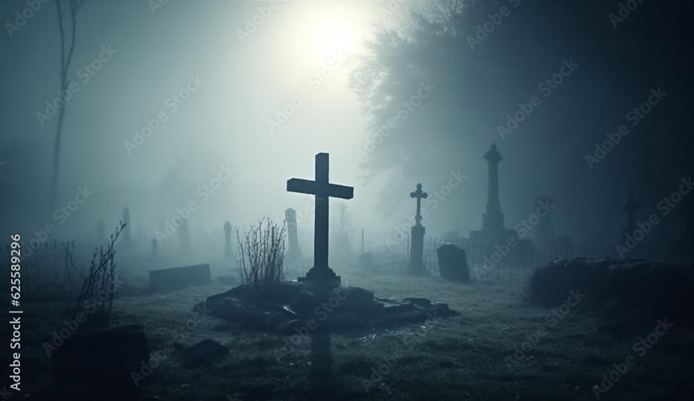 zombie hand creepy cemetery fear night monster horror halloween moon. Generative AI.