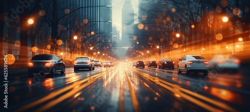 Evening car traffic at modern city defocused background. Motion blur effect. Generative AI technology.