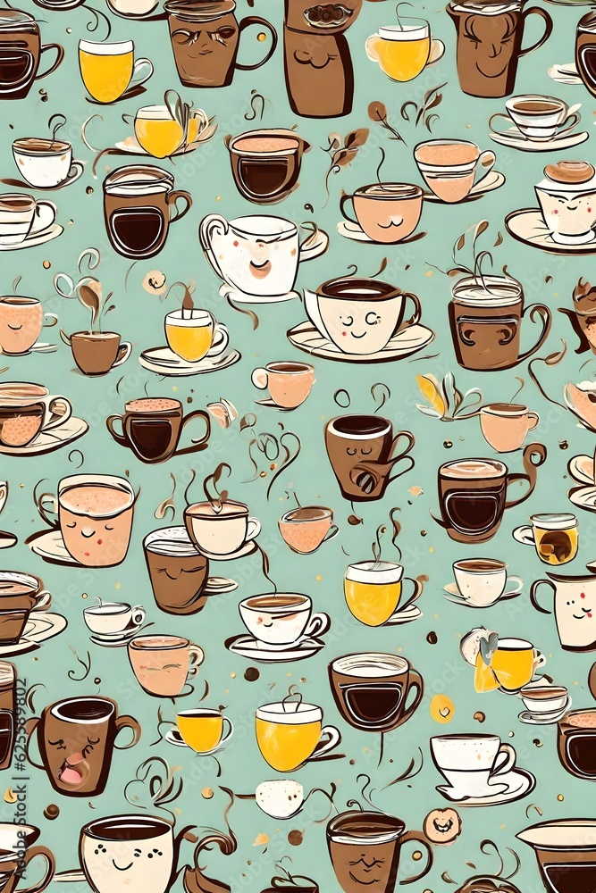 An espresso, coffee and tea whimsical style illustration. An espresso, coffee and tea whimsical style illustration.