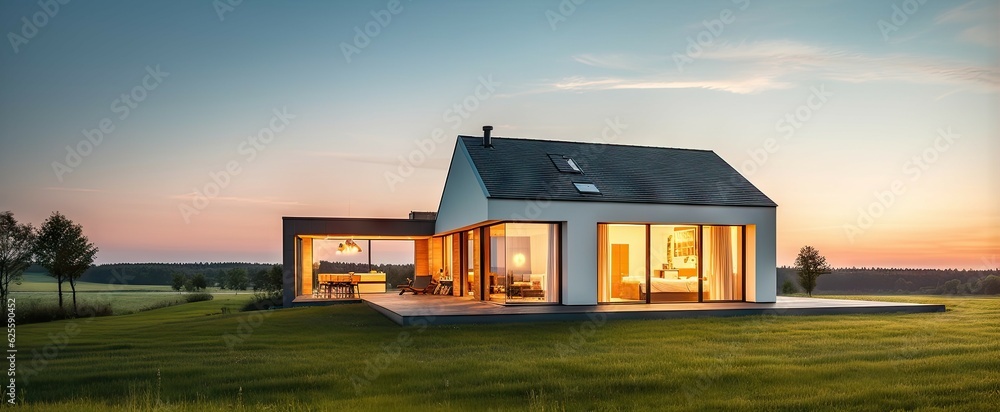 Obraz premium Evening landscape. Beautiful sunset over green meadow with house in background