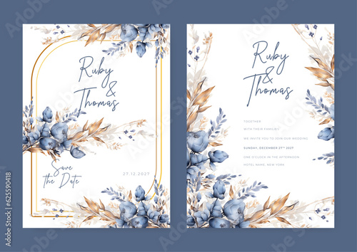 Wedding invitation with flowers Peony and leaves, watercolor, isolated on white. Vector Watercolour.
