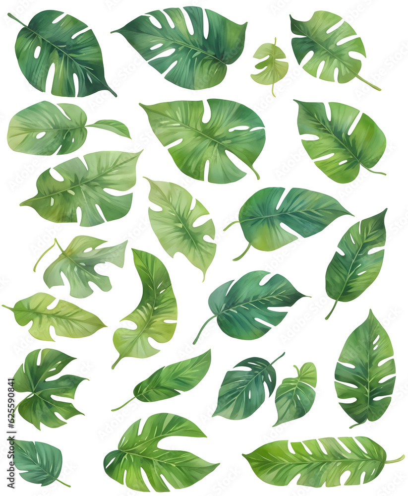 Tropical watercolor leaves on transparent background, generative ai Tropical watercolor leaves on transparent background, generative ai