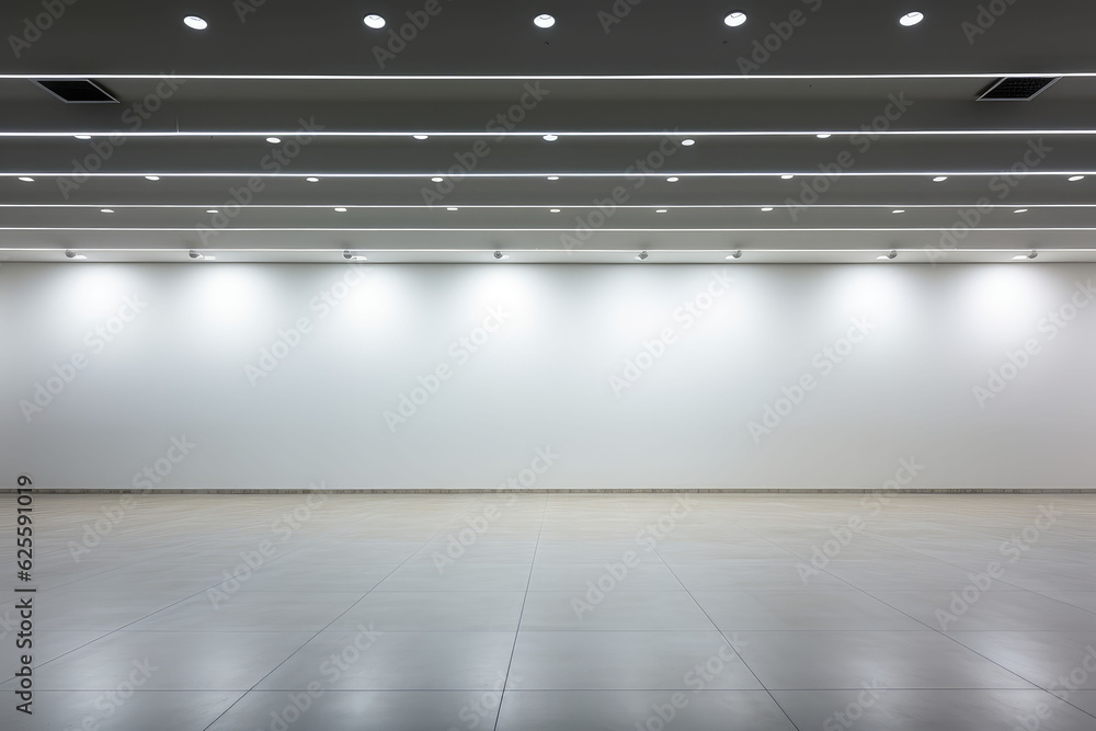 A large empty room with some lighting and no windows A large empty room with some lighting and no windows