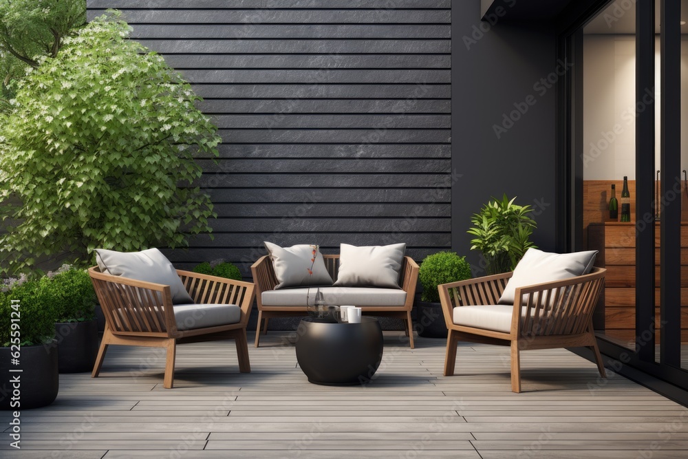 An image displaying a contemporary garden furniture set arranged on a verandah - obrazy, fototapety, plakaty 