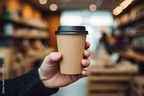hand holding a blank to go coffee cup coffee shop, template illustration.