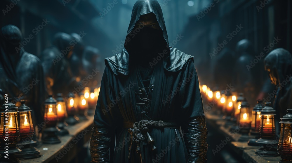 A masked man in a black cloak standing in a dark alleyway. - obrazy, fototapety, plakaty 