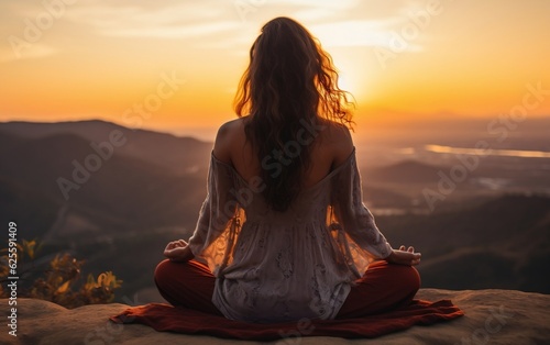 Serene Woman Meditating at the mountain. AI