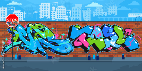 Abstract Colorful Outdoor Urban Streetart Graffiti Wall With Drawings Against The Background Of The Cityscape Vector Illustration