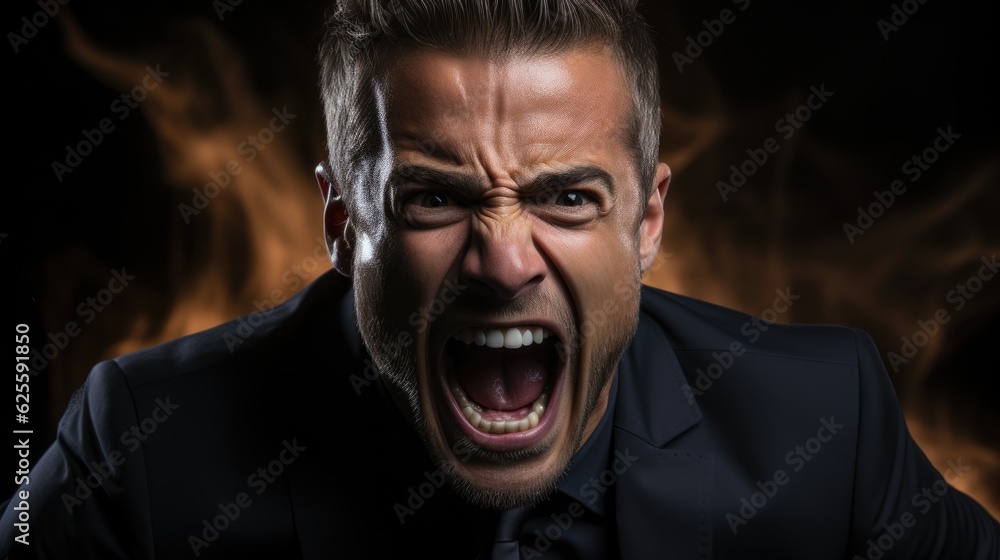 Businessman in a suit shouts angrily. His face is contorted with anger.