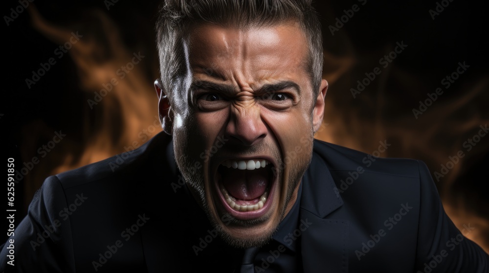 Businessman in a suit shouts angrily. His face is contorted with anger. Businessman in a suit shouts angrily. His face is contorted with anger.