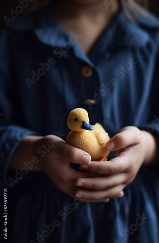 girl close-up hand duckling little duck child farm bird yellow. Generative AI.