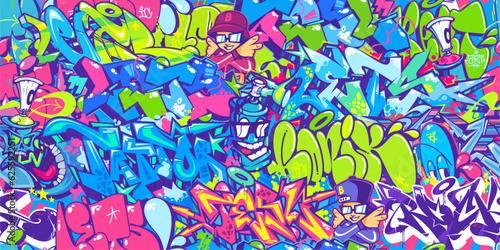 Seamless Colorful Modern Abstract Urban Style Hiphop Graffiti Street Art Pattern. Vector Illustration Background Template