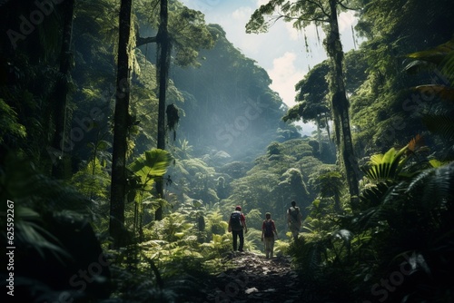 Photograph of people hiking in tropical forests  Generative AI