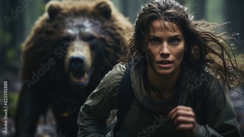 Woman running in fear from a big bear in the forest.