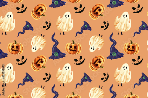Pattern  halloween  ghosts and pumpkins  witch hat. Autumn seamless pattern  background. Holiday. Halloween  Design elements for logo  badges  banners  labels  posters  postcards 