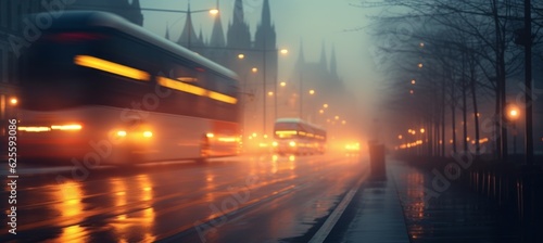 City street bus traffic foggy night scene background. Motion blur effect. Generative AI technology.
