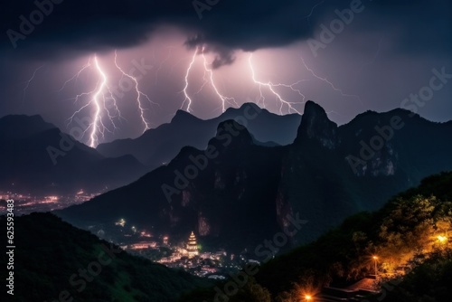 Lightning storm over city in a mountainous area. Lightning thunderstorm flash over the night sky. Concept of tropic weather, cataclysms (hurricane, Typhoon, tornado, storm)