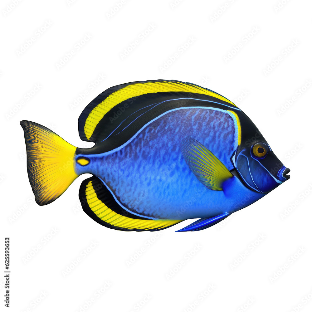 Naklejka premium Side view blue tang fish paracanthrus hepatus, blue black and yellow on cutout PNG transparent background. Generative AI
