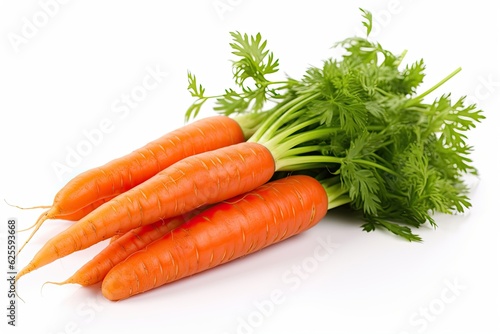 Fresh juicy carrots with tops on a white background.