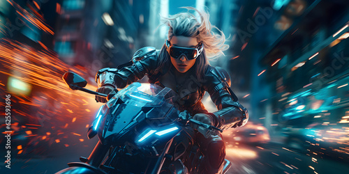 Cyberpunk Girl on a Motorbike, riding through the city, Motion Effect, Fast Ride © Eruanne