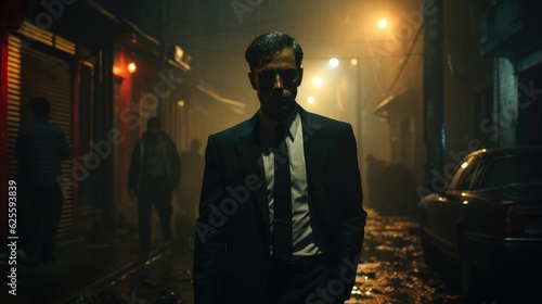 An Italian undercover agent wearing a black tuxedo and trench coat enters a dark and dangerous-looking alley.