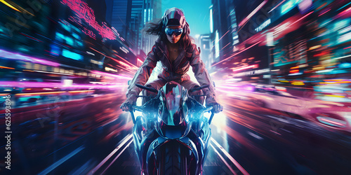 Cyberpunk Girl on a Motorbike, riding through the city, Motion Effect, Fast Ride