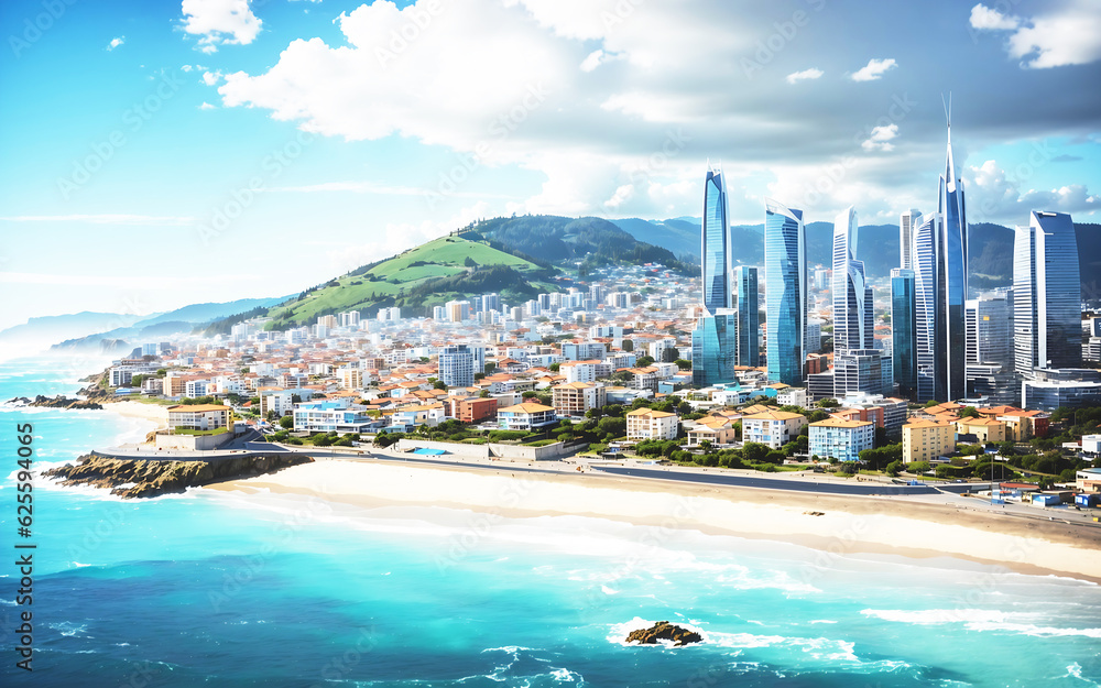 Obraz premium Aerial View of a Modern Coastal City, Coastal City with a Stunning Skyline and Beach,A City by the Sea 