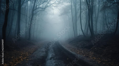 Fog In Spooky Forest At Moon Light On Asphalt.