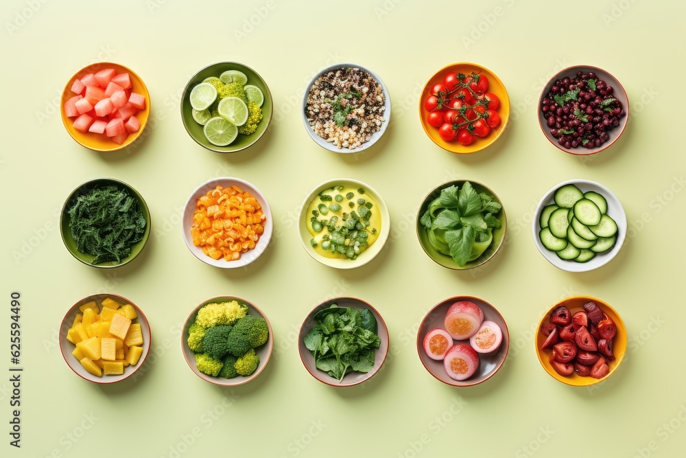 Many bowls with healthy food slices, top view, AI Generated Many bowls with healthy food slices, top view, AI Generated