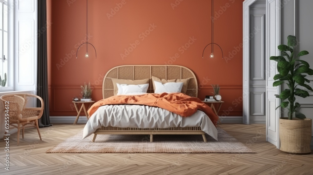 scandinavian design house beautiful concept bedroom interior design with colour accent wall headboard feature wall bedroom with daylight cosy atmosphere home interior concept,ai generate - obrazy, fototapety, plakaty 