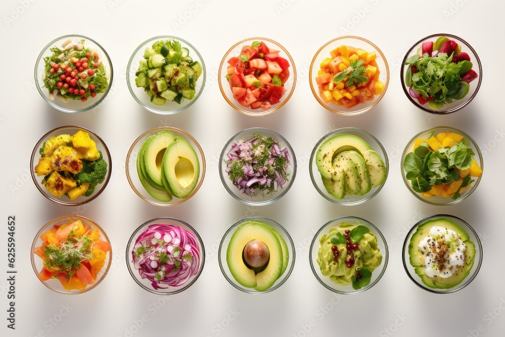 Many bowls with healthy food slices, top view, AI Generated Many bowls with healthy food slices, top view, AI Generated